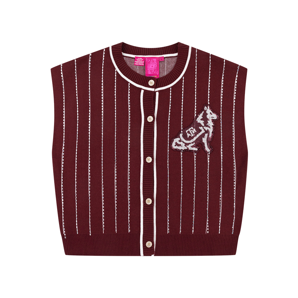 Rev Maroon Striped Button Down Sweater Vest with Rhinestones