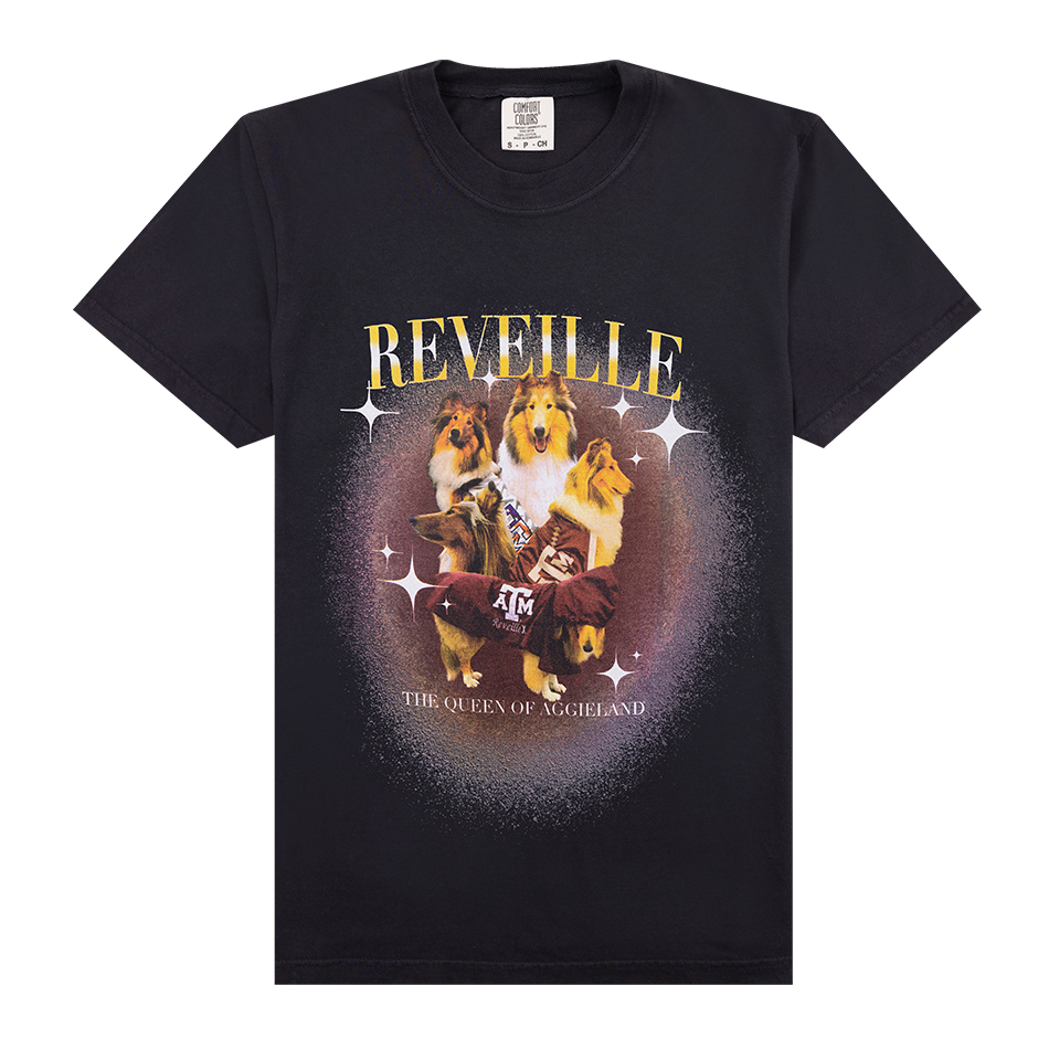 Black t-shirt with graphics of Reveille and "REVEILLE" in gold with "The Queen of Aggieland" in white