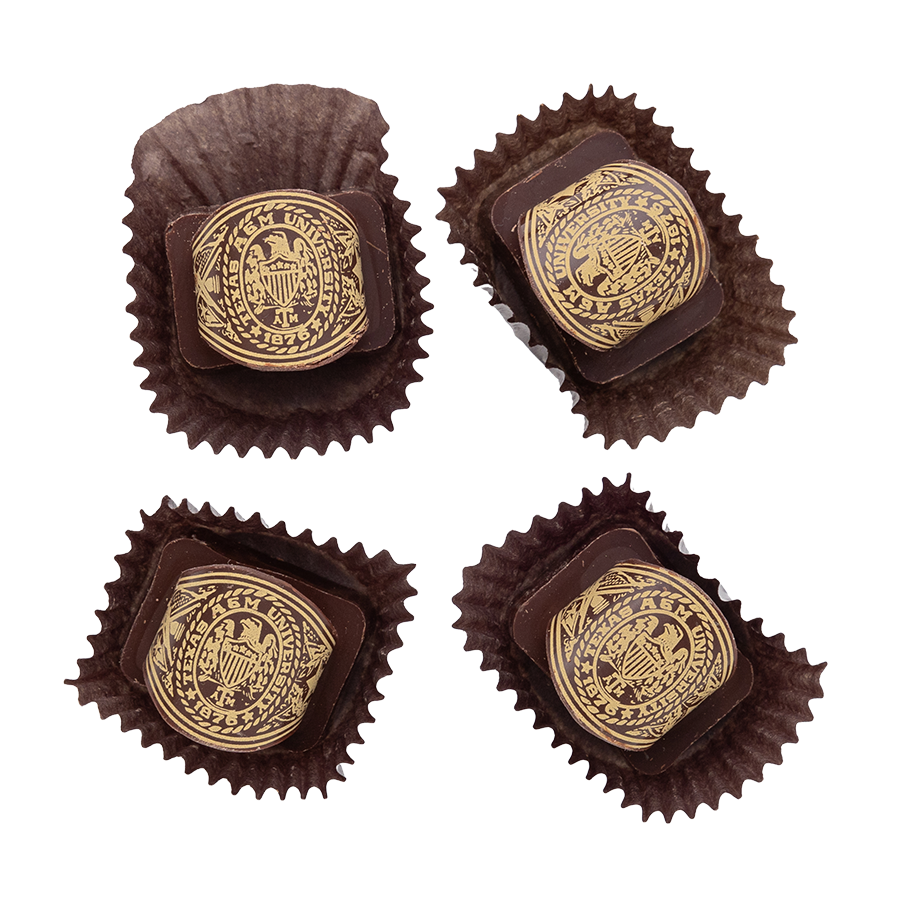 Four pieces of dark chocolate filled with caramel and Aggie Ring design on it