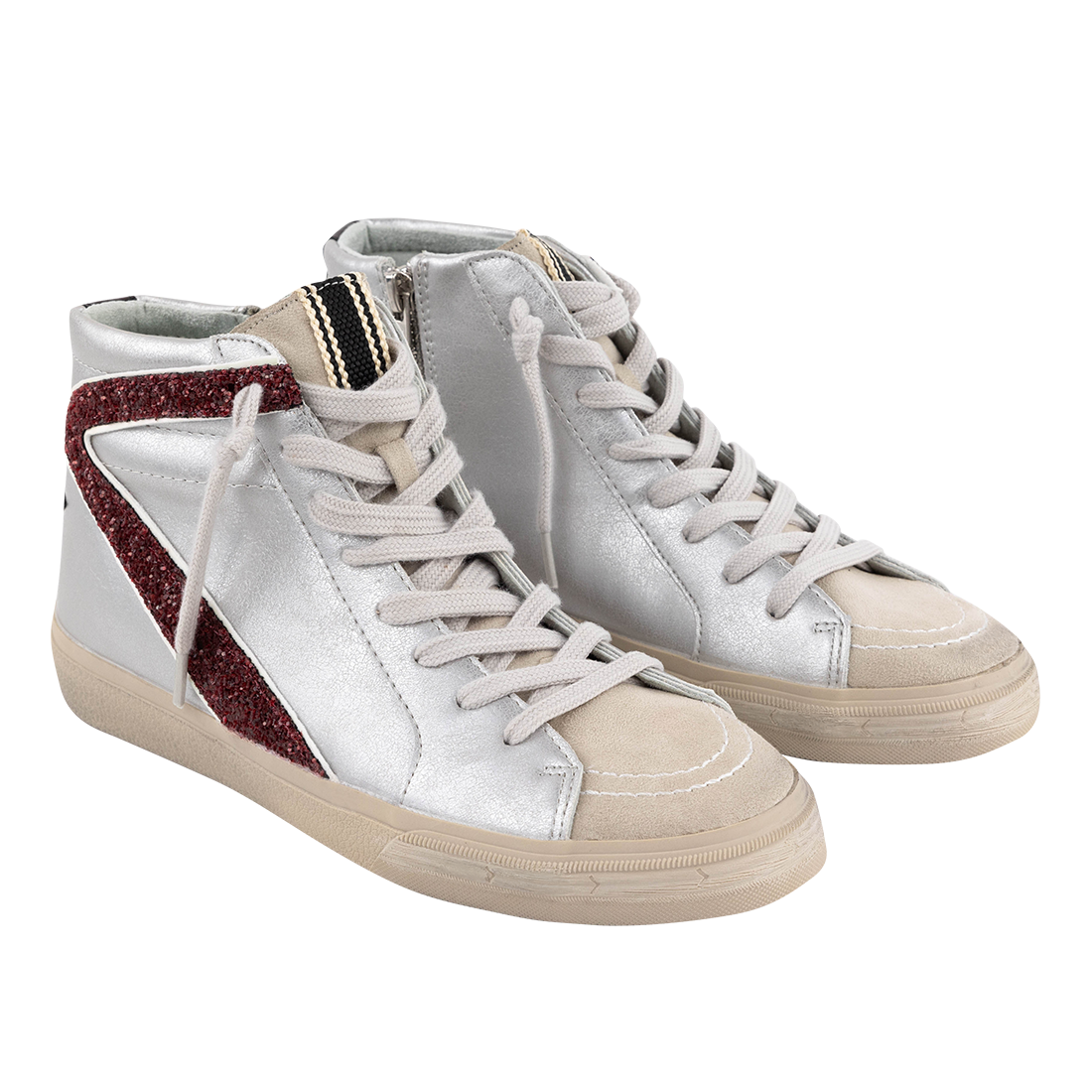White and Maroon High Top Shoes