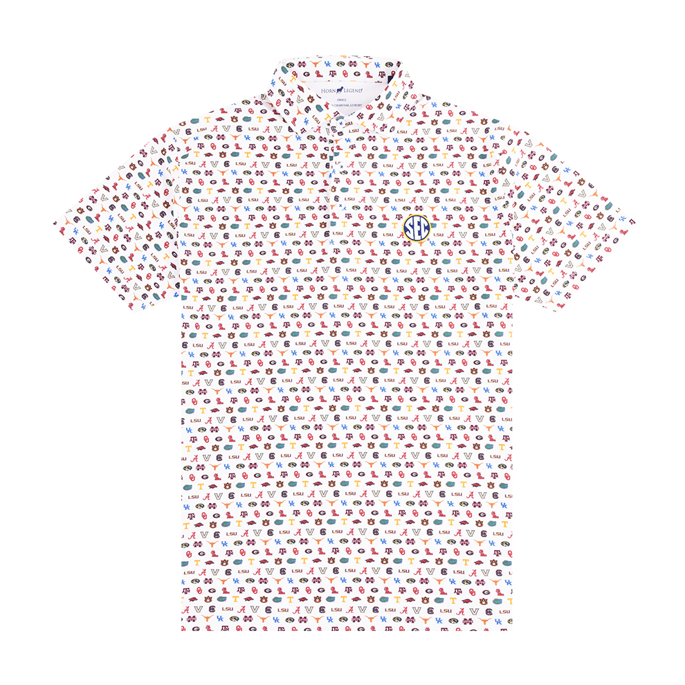 White polo with SEC school emblems on the polo