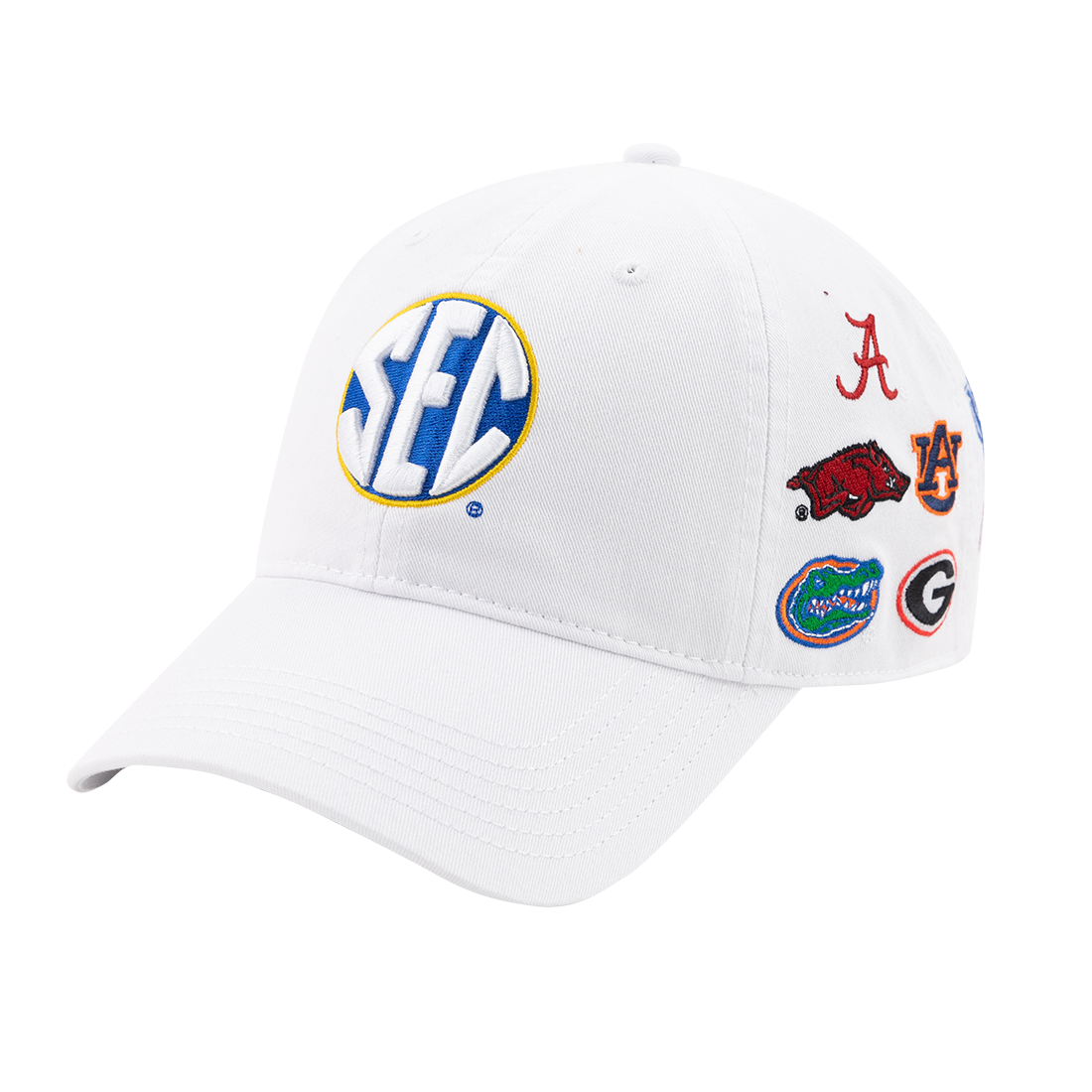 A white cap with a blue and yellow circular SEC logo on the front. 