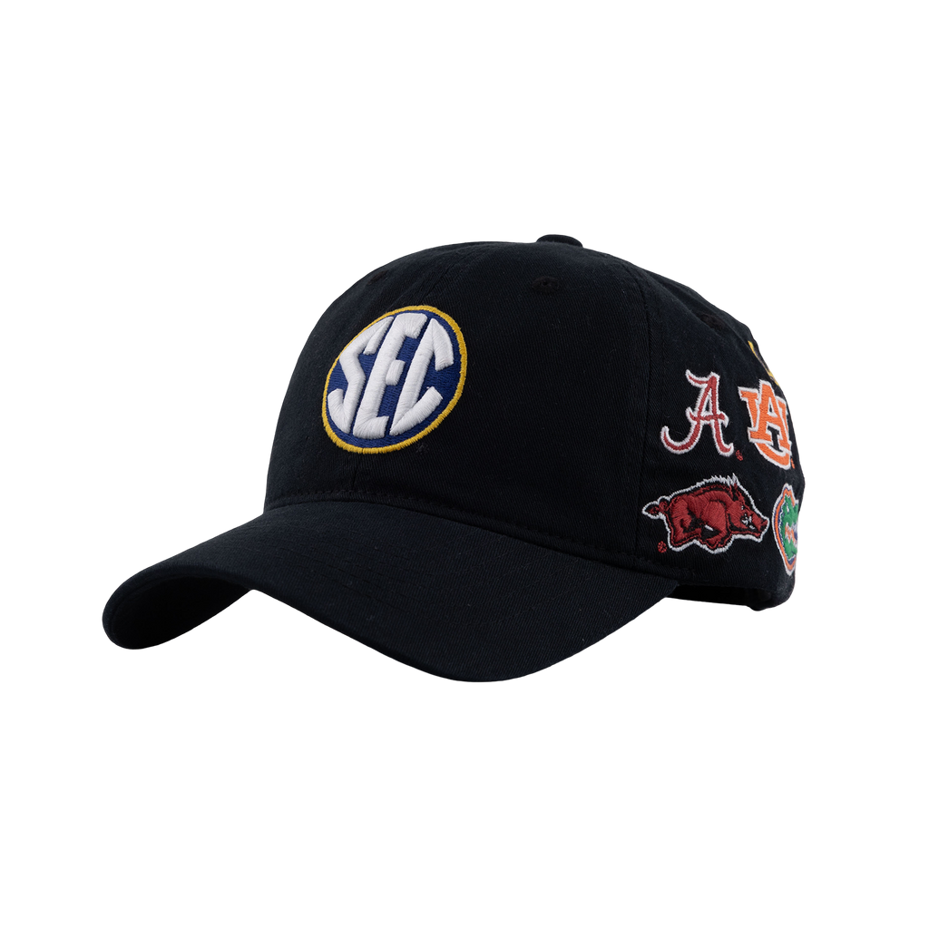 Black adjustable baseball cap featuring an SEC patch on the front and multiple colorful SEC school patches along the side.