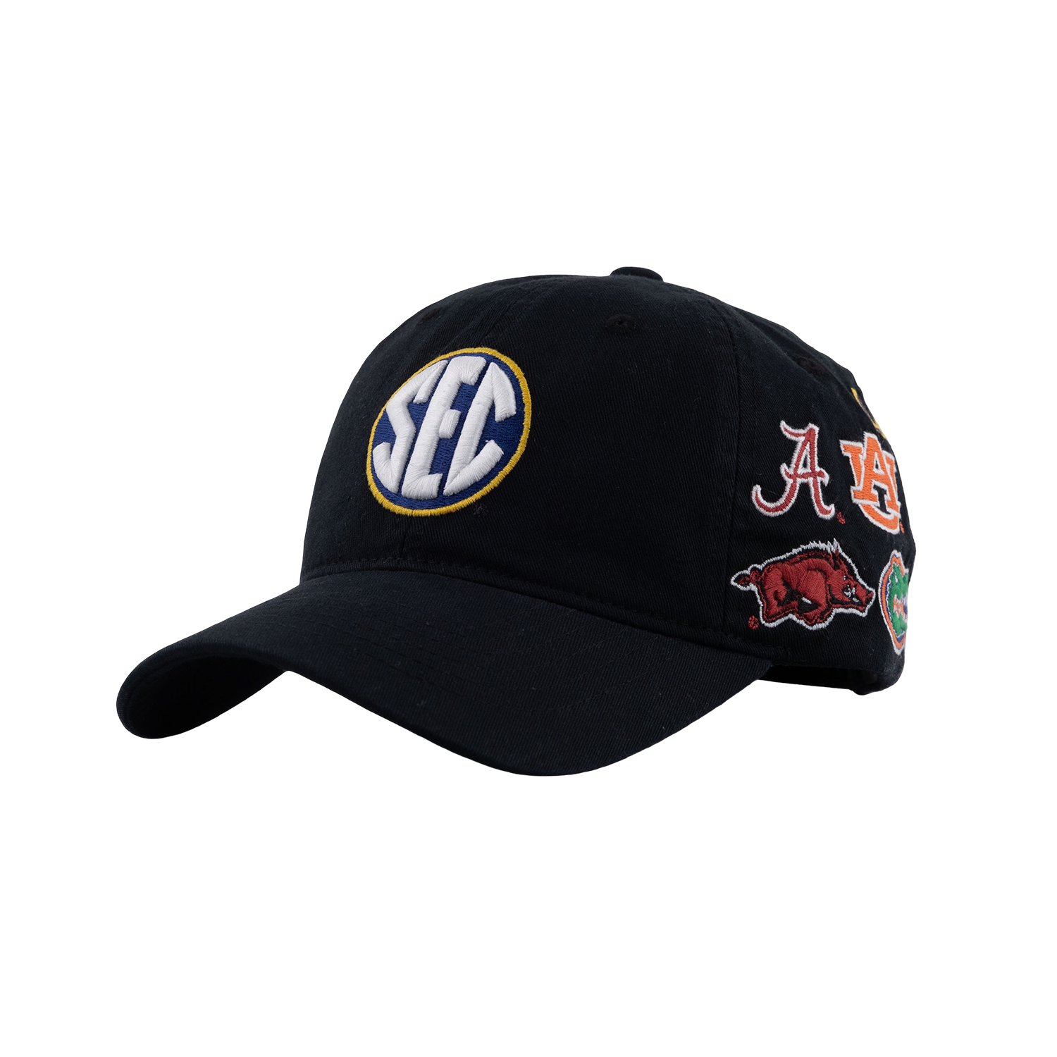 Black adjustable baseball cap featuring an SEC patch on the front and multiple colorful SEC school patches along the side.