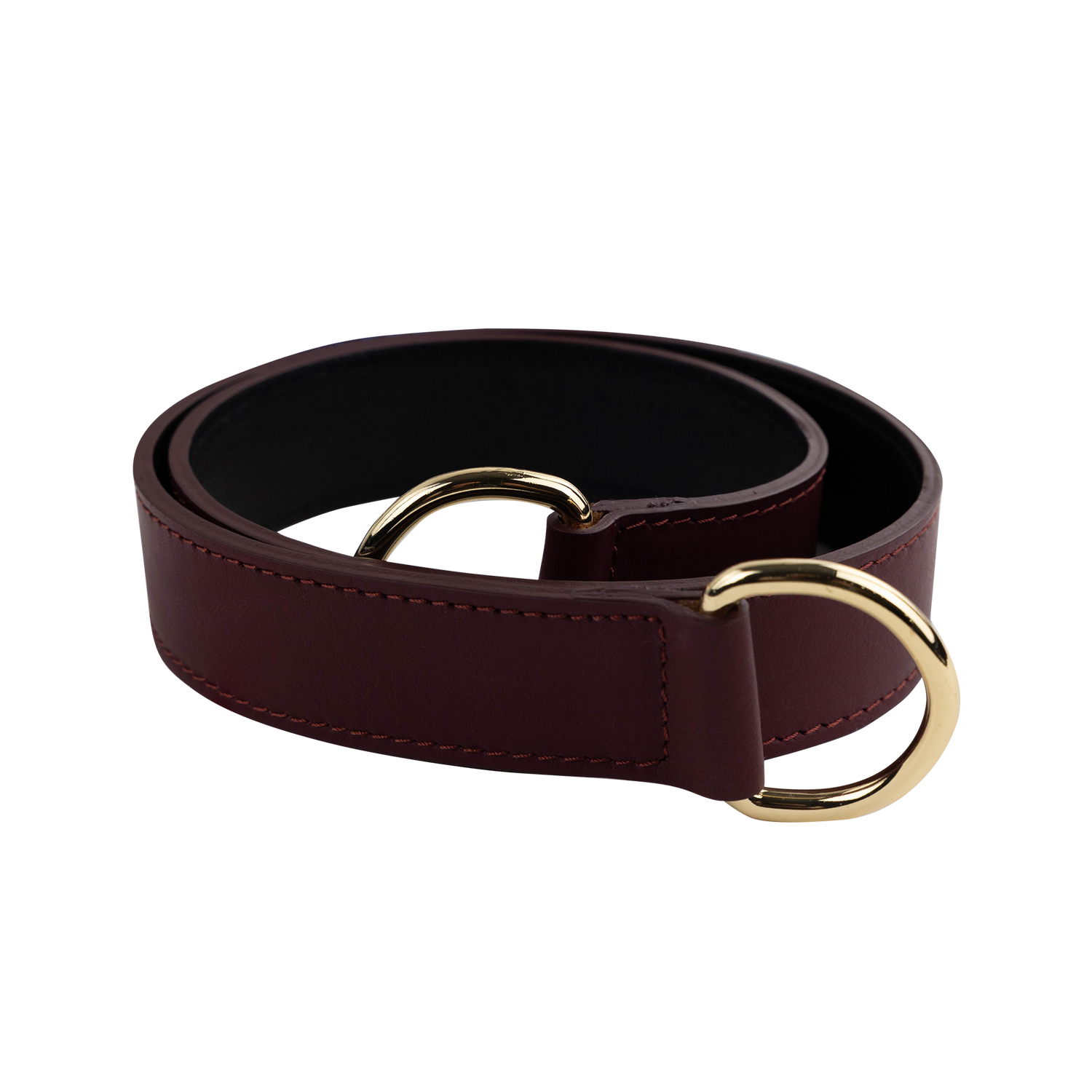 Maroon belt with gold D-ring buckle