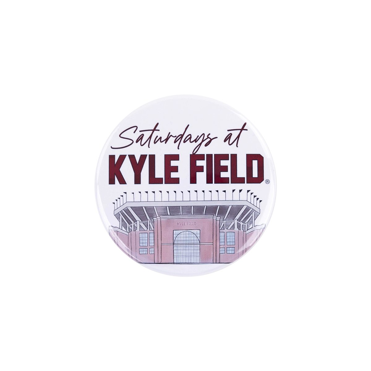 Round sticker with 'Saturdays at Kyle Field' text and building illustration 