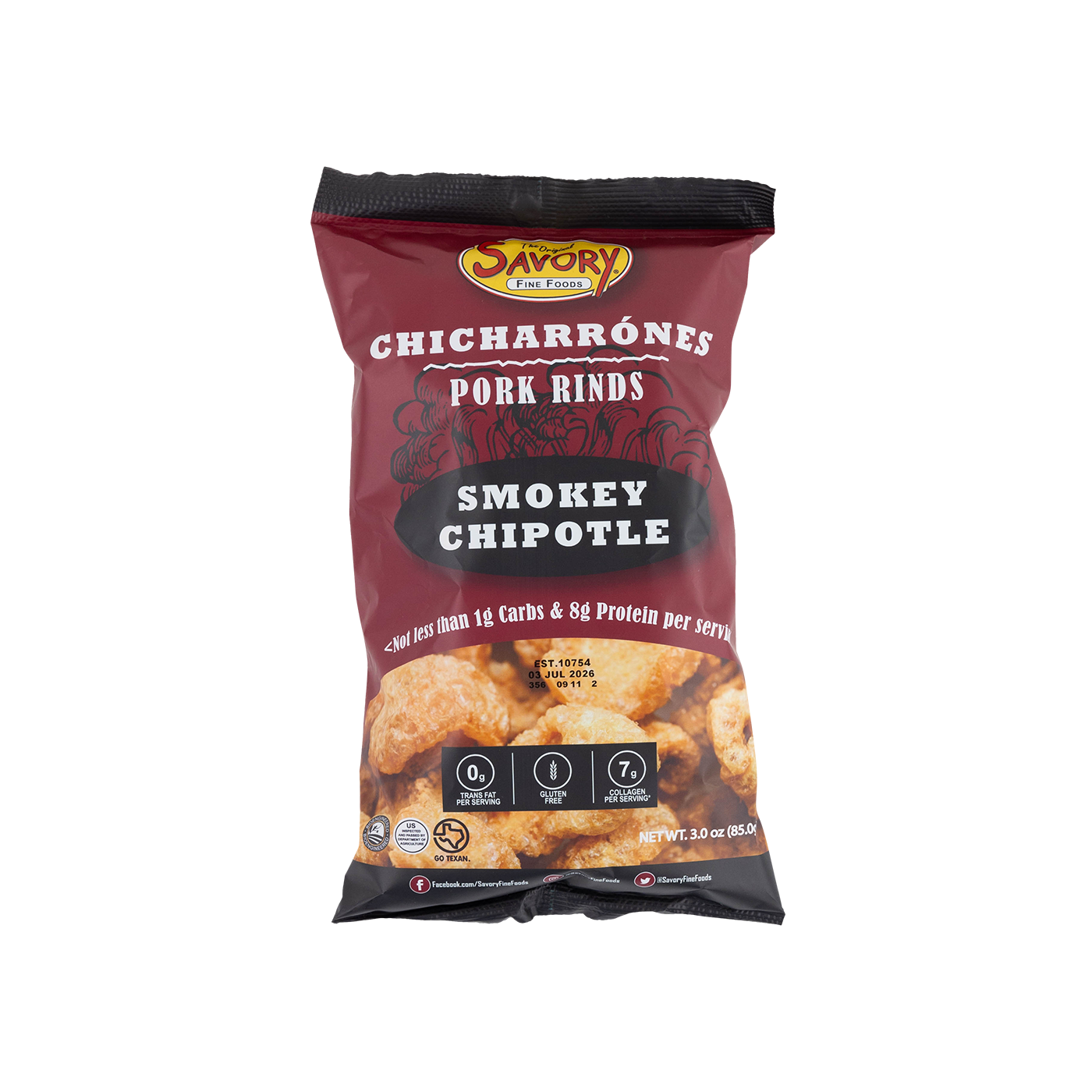 Bag of Savory Chicharrónnes Smokey Chipotle pork rinds