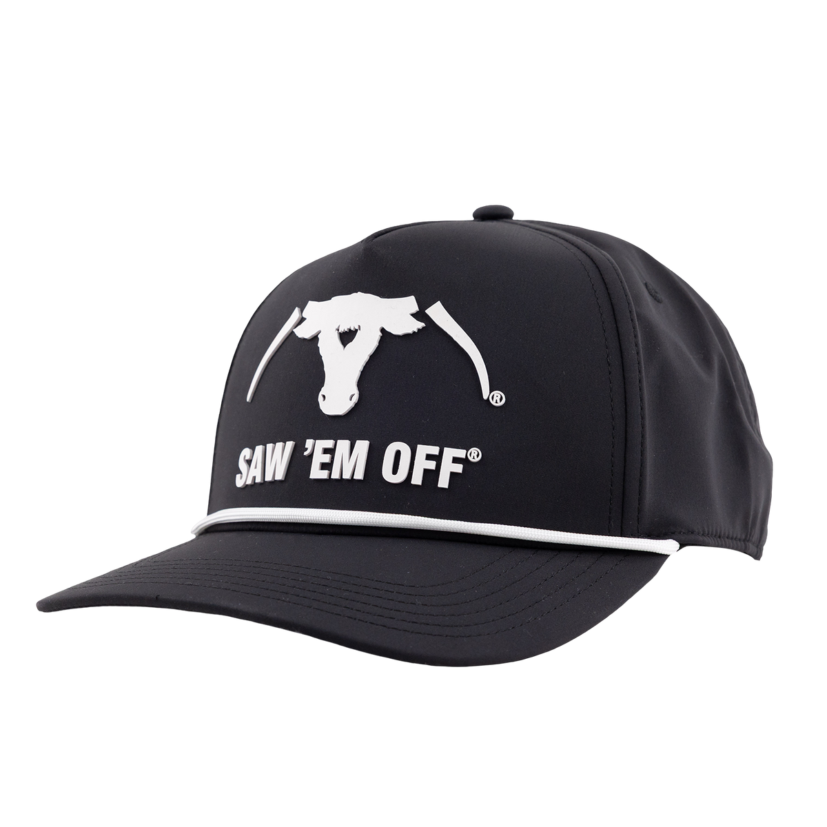 Black Texas A&M cap featuring a white bull logo and “SAW ’EM OFF” lettering with white trim along the brim.