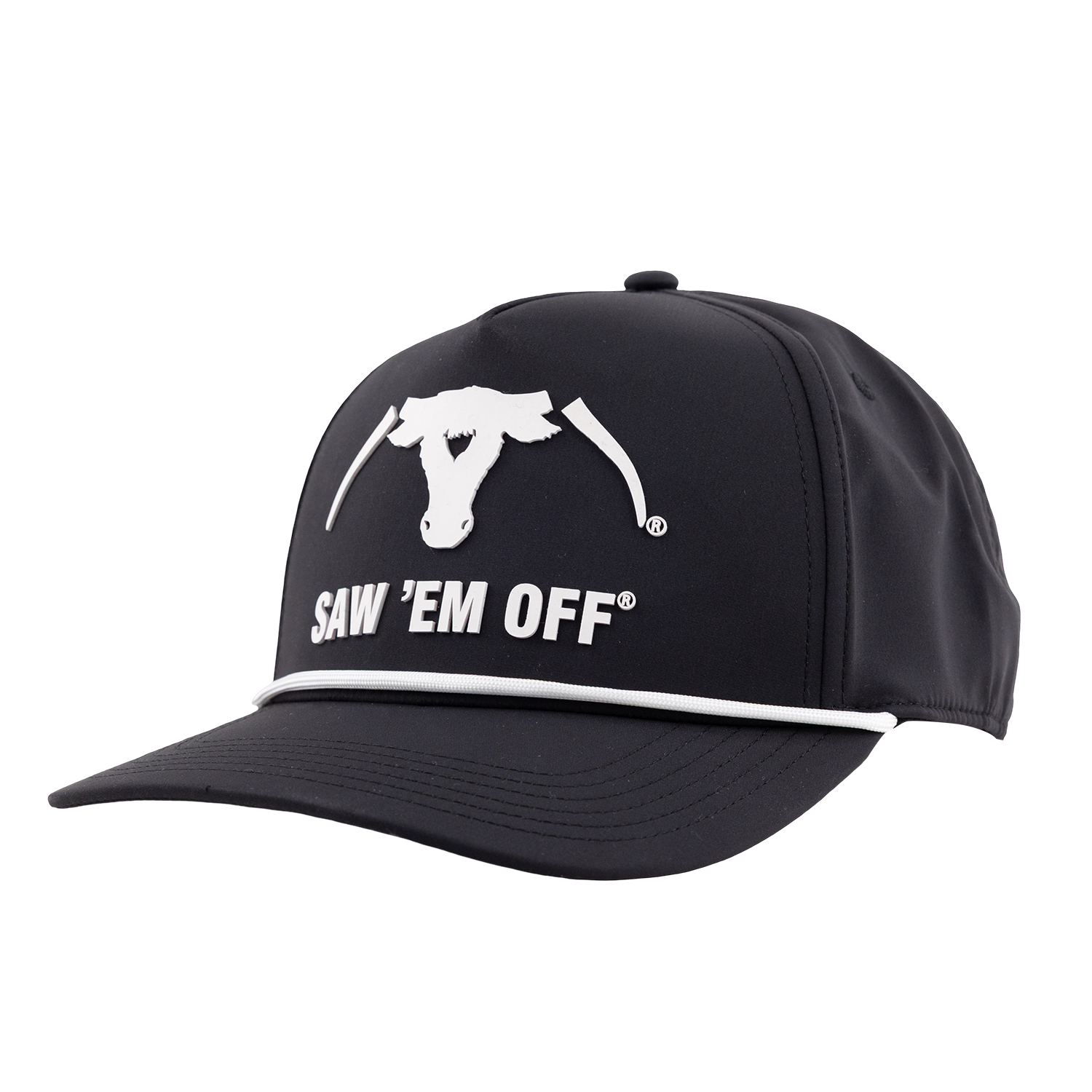 Black Texas A&M cap featuring a white bull logo and “SAW ’EM OFF” lettering with white trim along the brim.