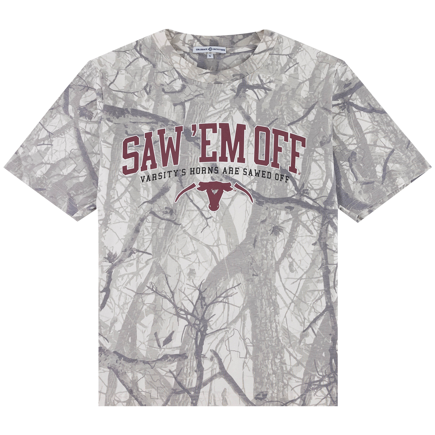 Gray camouflage Texas Longhorns T-shirt featuring maroon “SAW ’EM OFF” lettering, the phrase “VARSITY’S HORNS ARE SAWED OFF,” and a Texas Longhorns logo on the front.