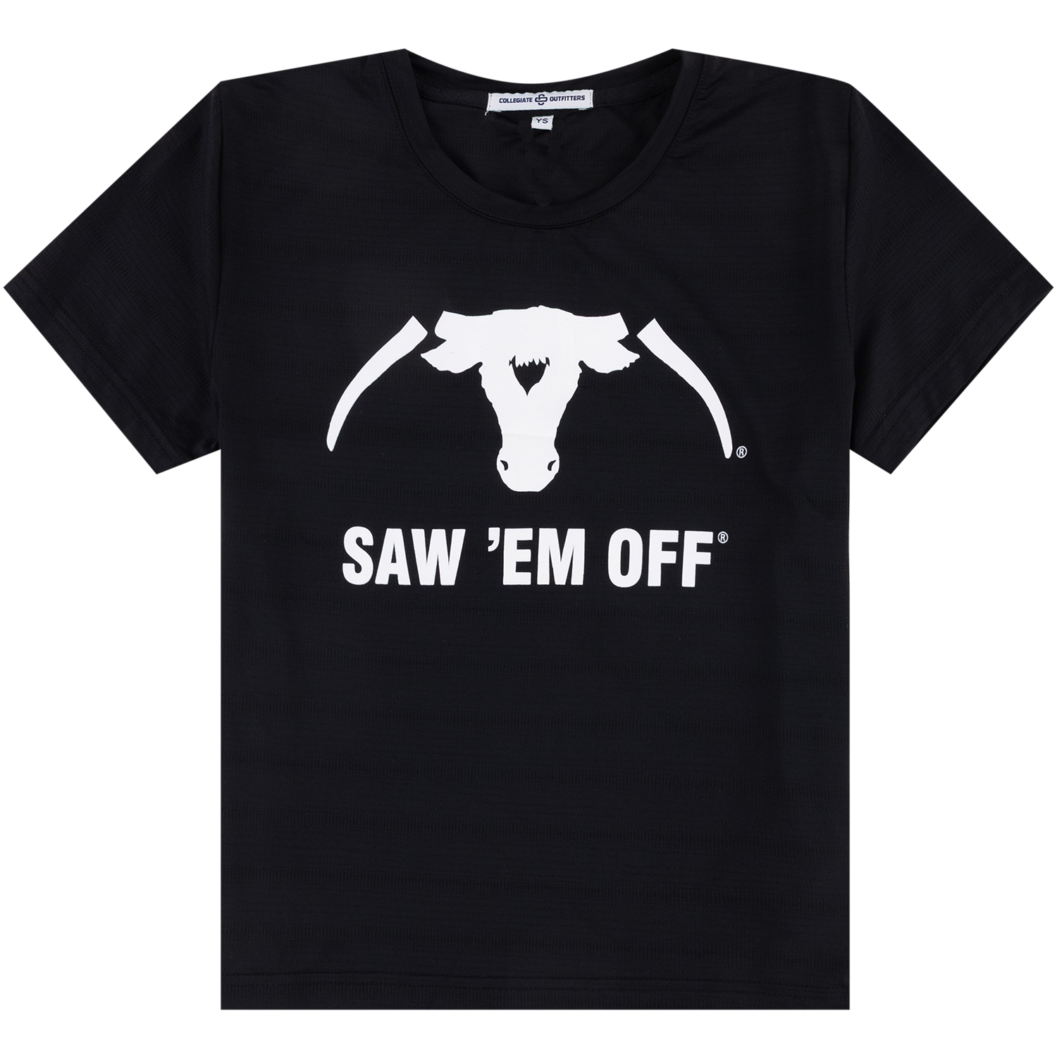 Black youth performance t-shirt with white Saw 'Em Off graphic and text on front. 