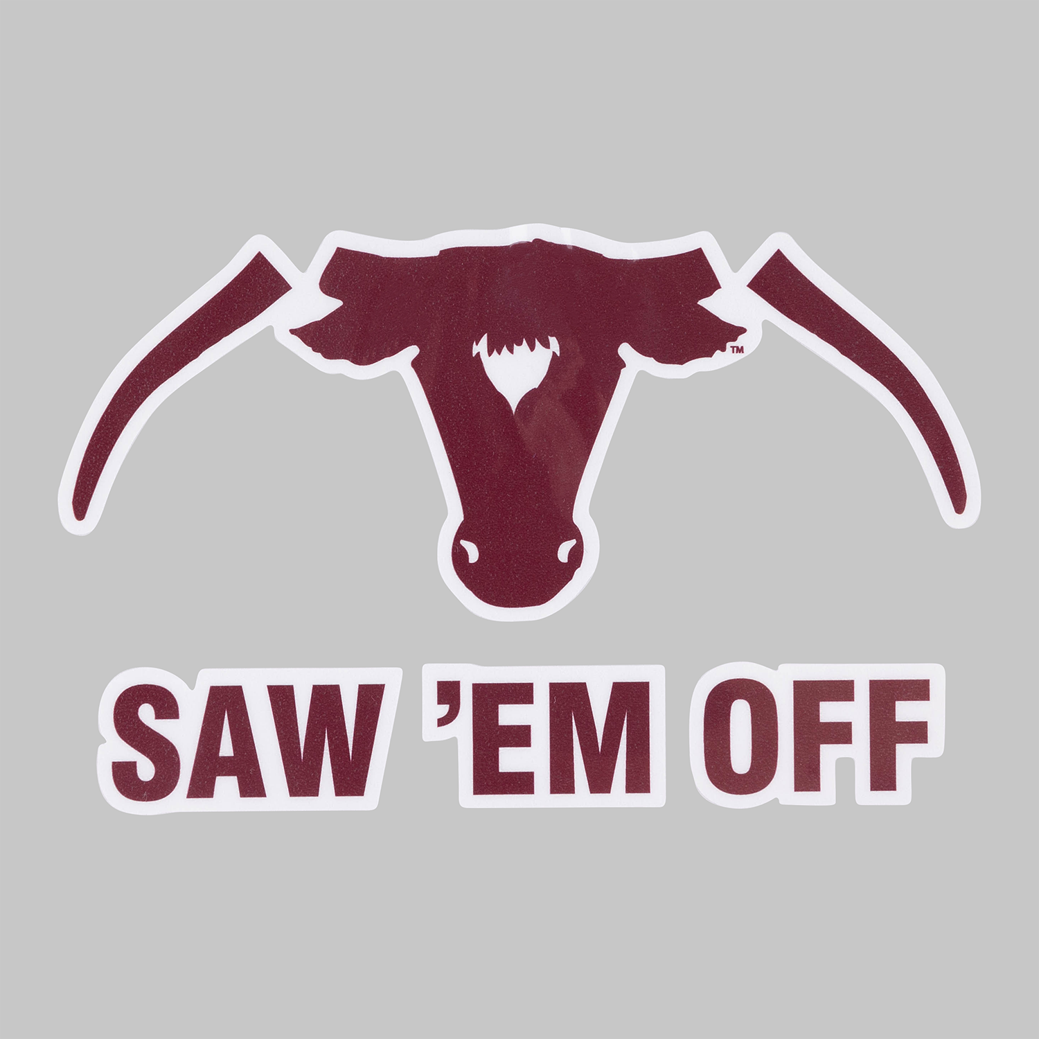 Vinyl sticker decal featuring a bull with cut horns and 'SAW 'EM OFF' text in maroon. 