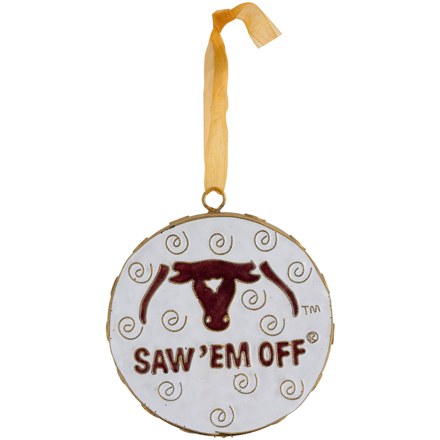 White Texas A&M ornament featuring a maroon and gold steer head graphic, “SAW ’EM OFF” lettering, gold embroidered swirl accents, and a gold hanging ribbon.