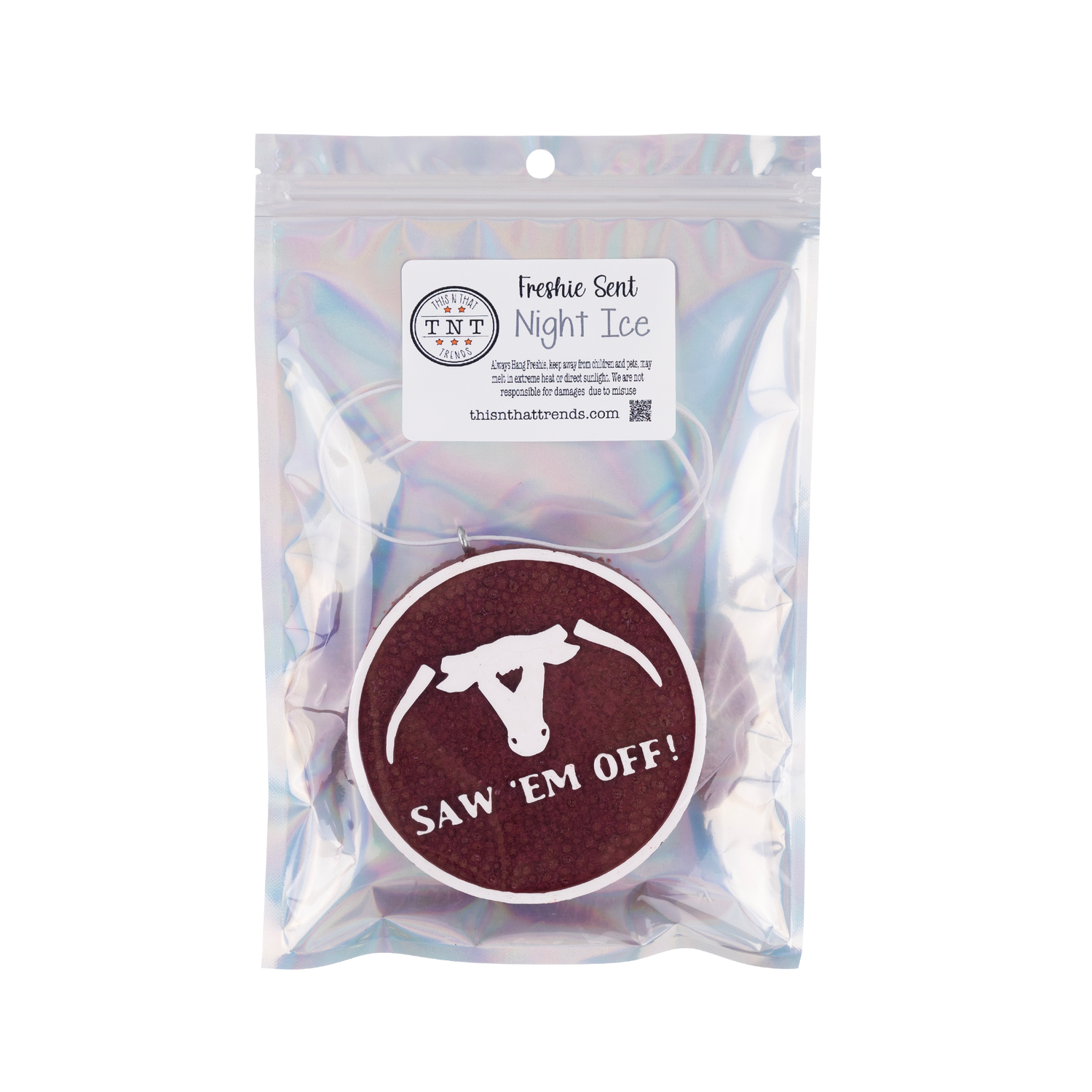 Maroon freshie with white Saw 'Em Off logo, scented with Night Ice