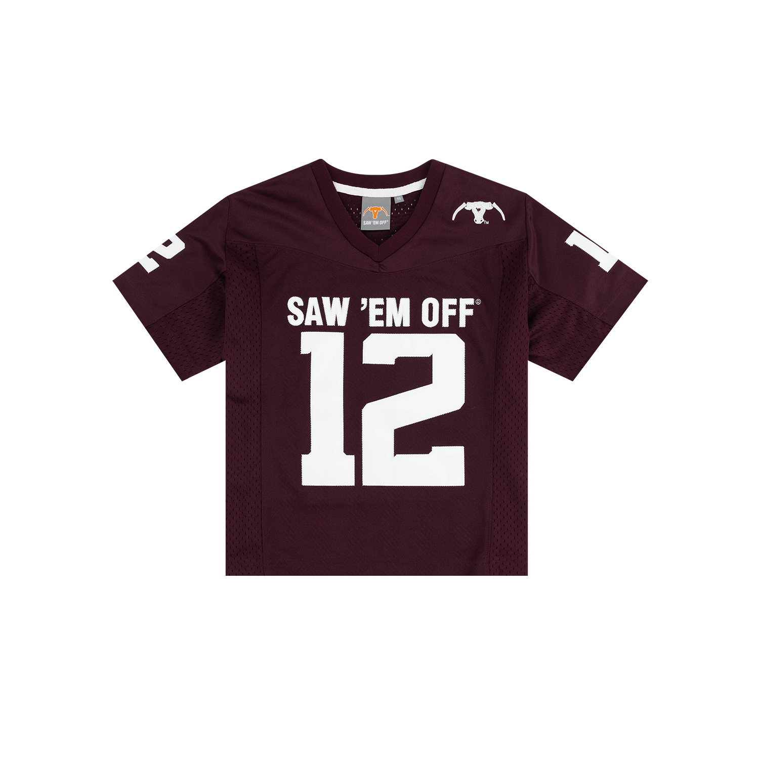 Maroon sports jersey with 'Saw 'em off 12' text