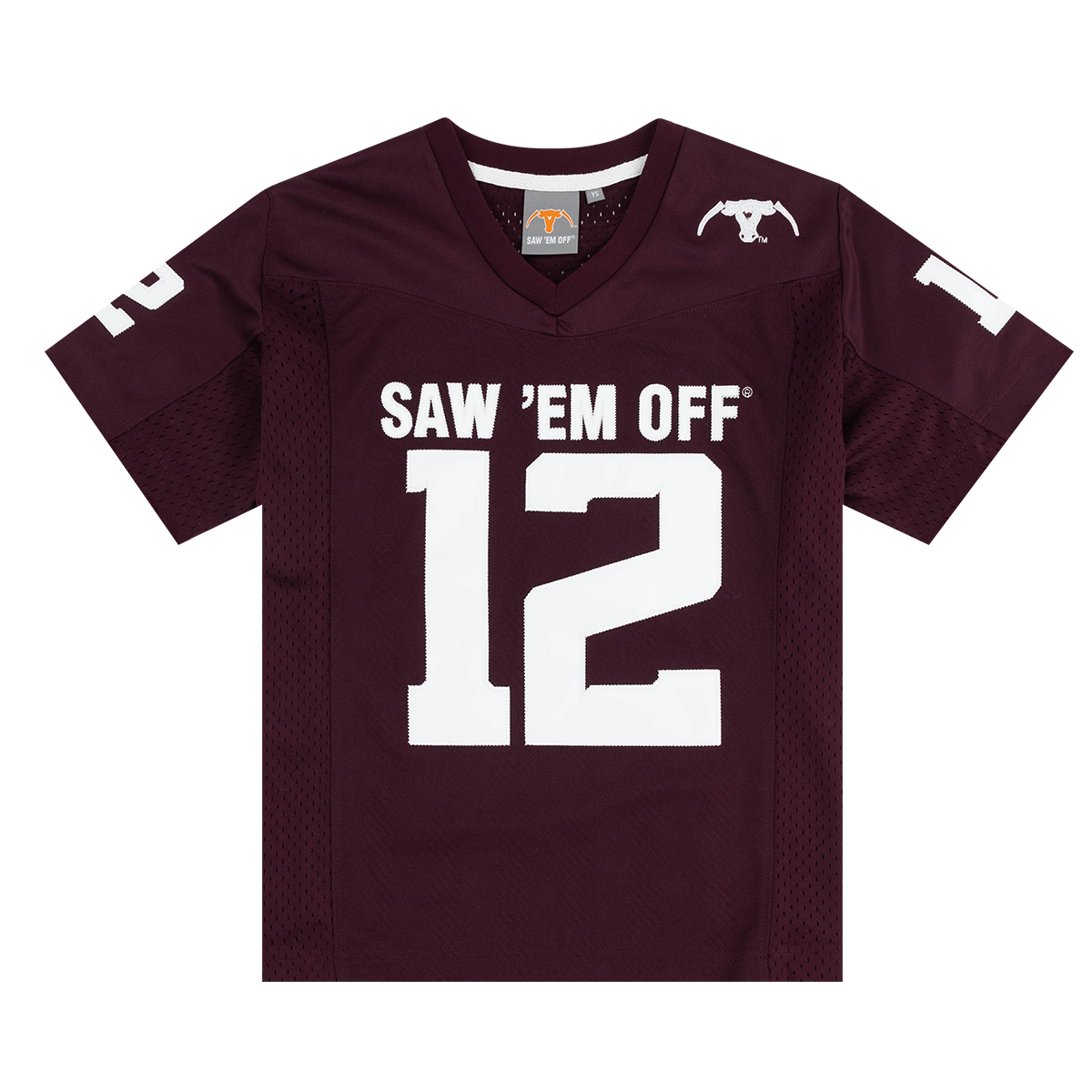 Maroon sports jersey with 'Saw 'Em Off' and number '12' 