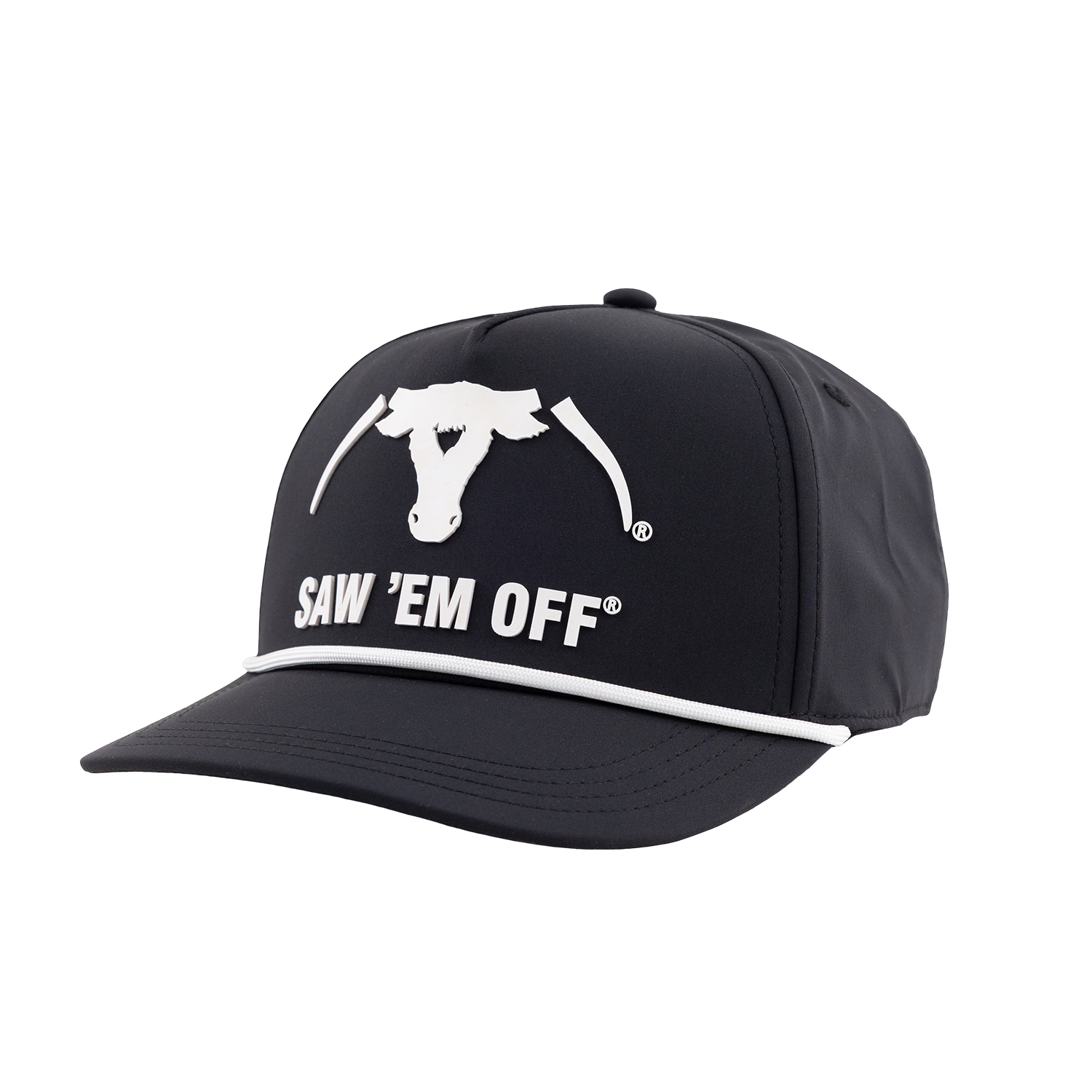 Black Texas A&M cap featuring a white bull logo, “SAW ’EM OFF” lettering, and a white rope detail across the brim.