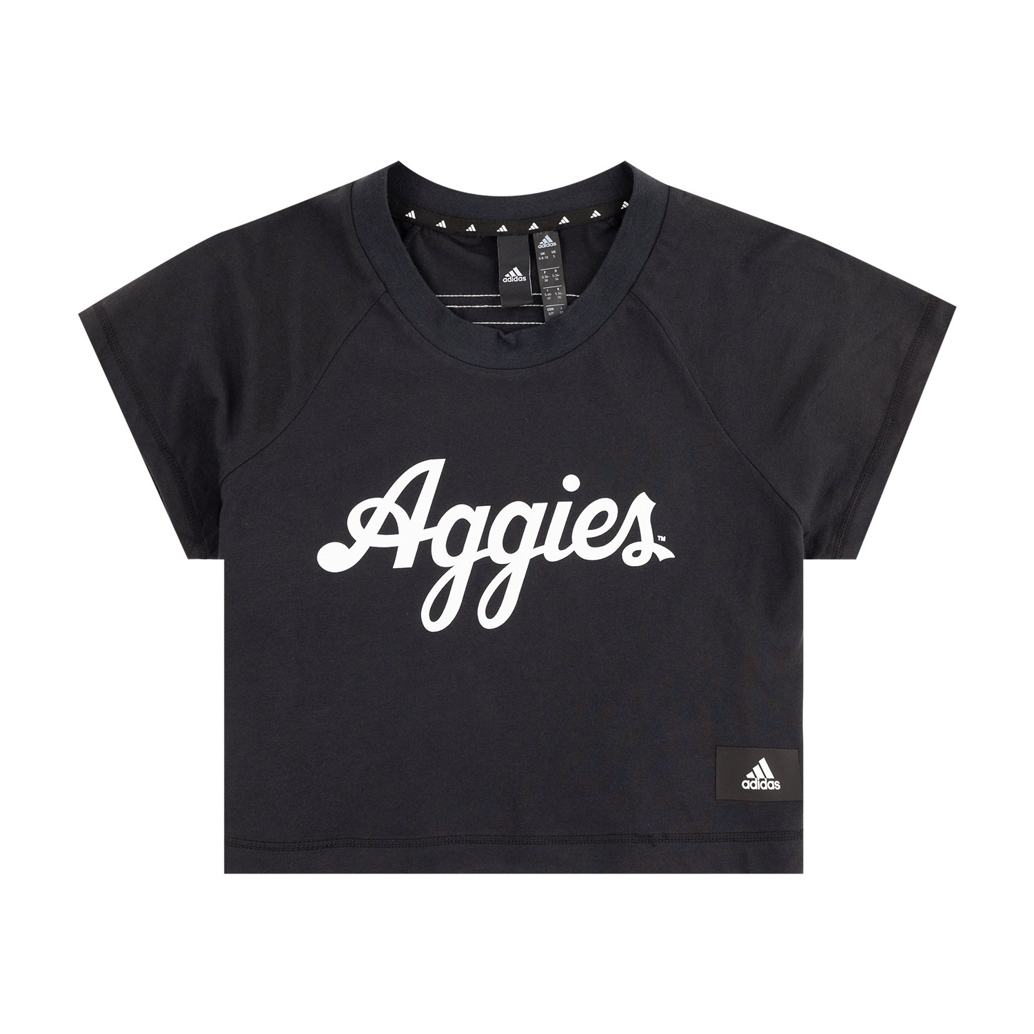 Black t-shirt with 'Aggies' text and Adidas logos 