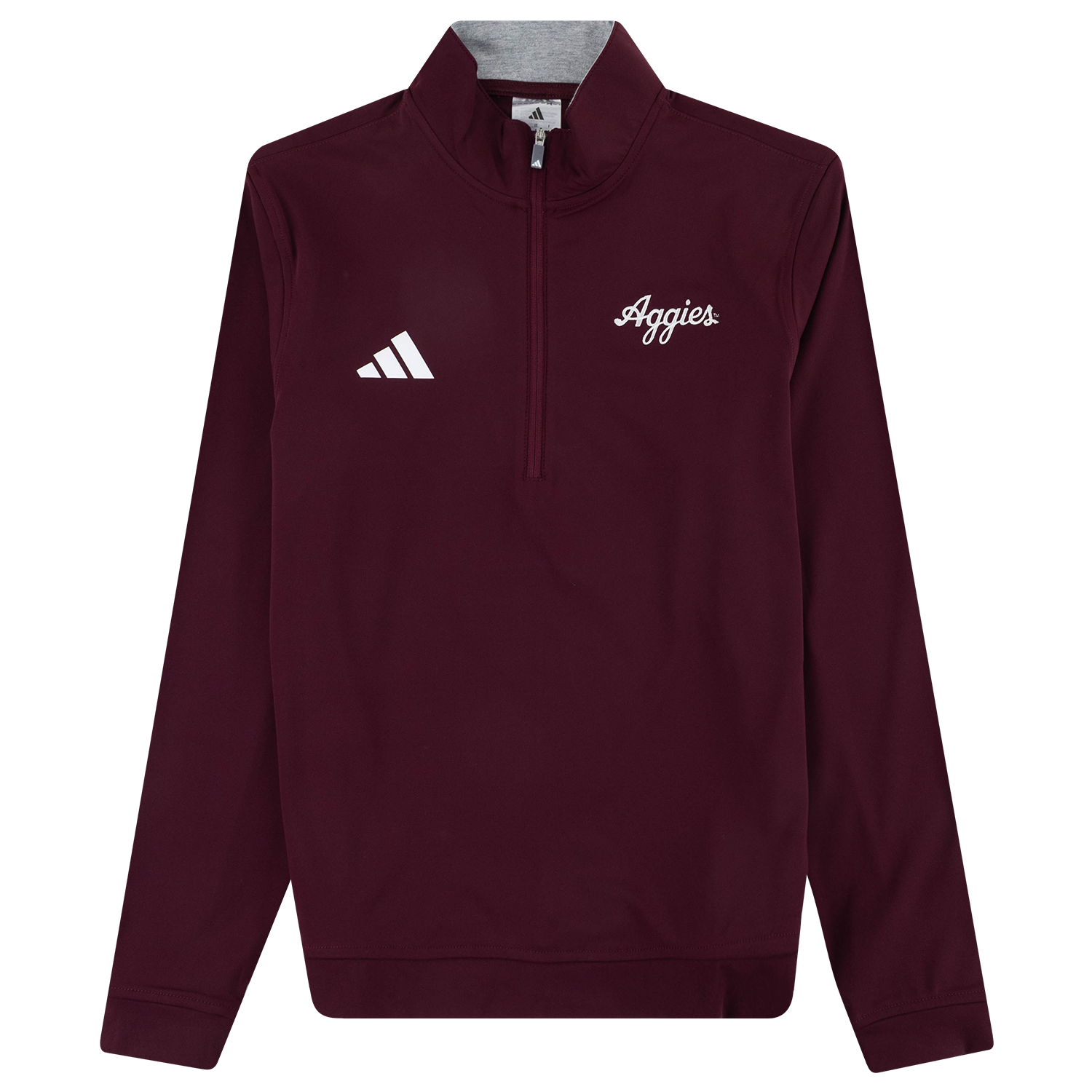 A maroon Adidas quarter-zip pullover sweatshirt with a gray inner collar, featuring a white Adidas logo on the right chest and 'Aggies' script on the left chest, shown against a plain white background.
