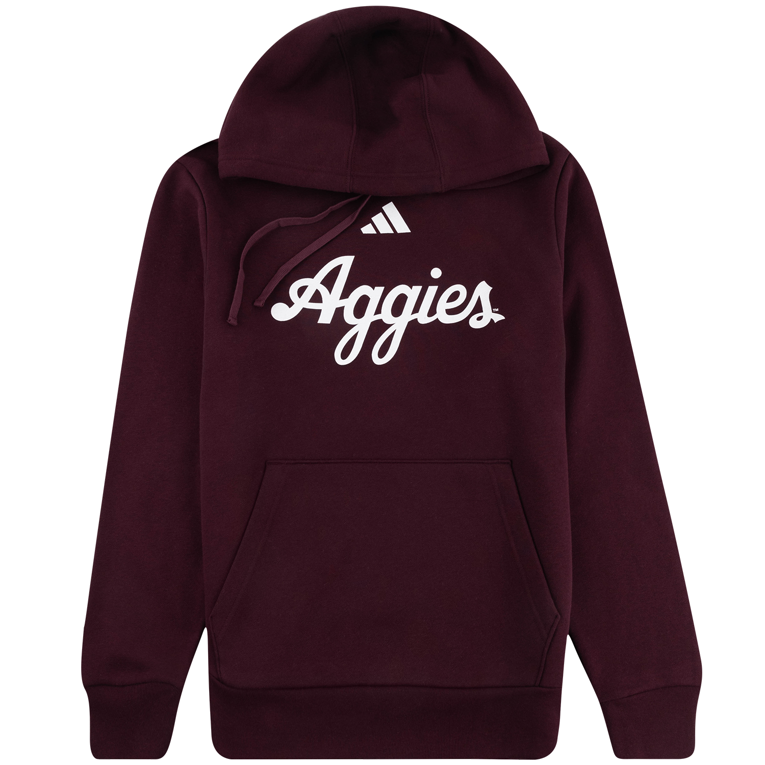 Maroon Adidas pullover hoodie featuring a white cursive "Aggies" script across the chest below the white Adidas logo, complete with a front kangaroo pocket and drawstrings.