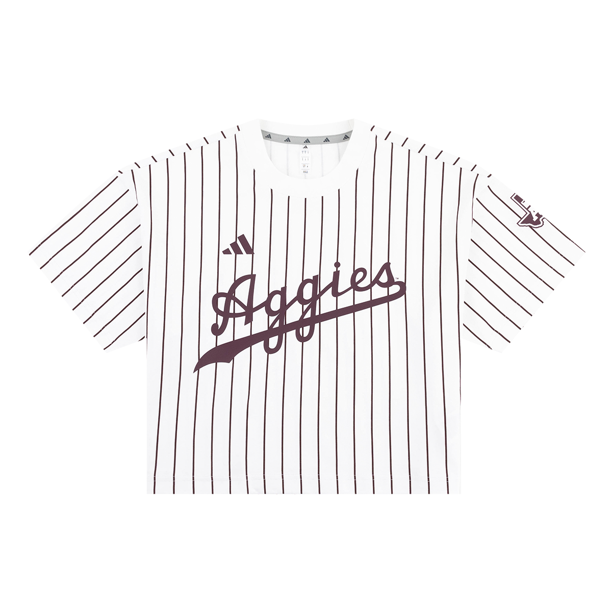 White Cropped Jersey with maroon Pinstripes and Maroon Script Aggies