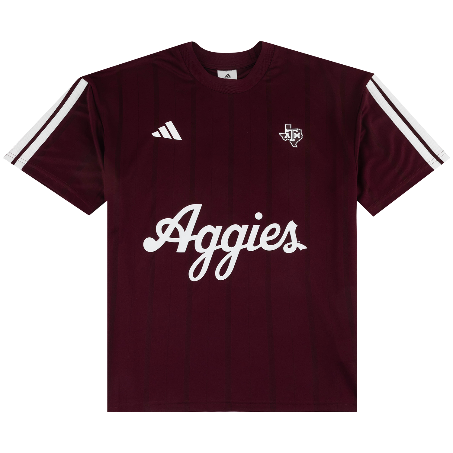 A maroon short-sleeve athletic jersey with white stripes on the sleeves, featuring a white Adidas logo on the right chest, a Texas A&M Aggies logo on the left chest, and 'Aggies' in white script across the center.