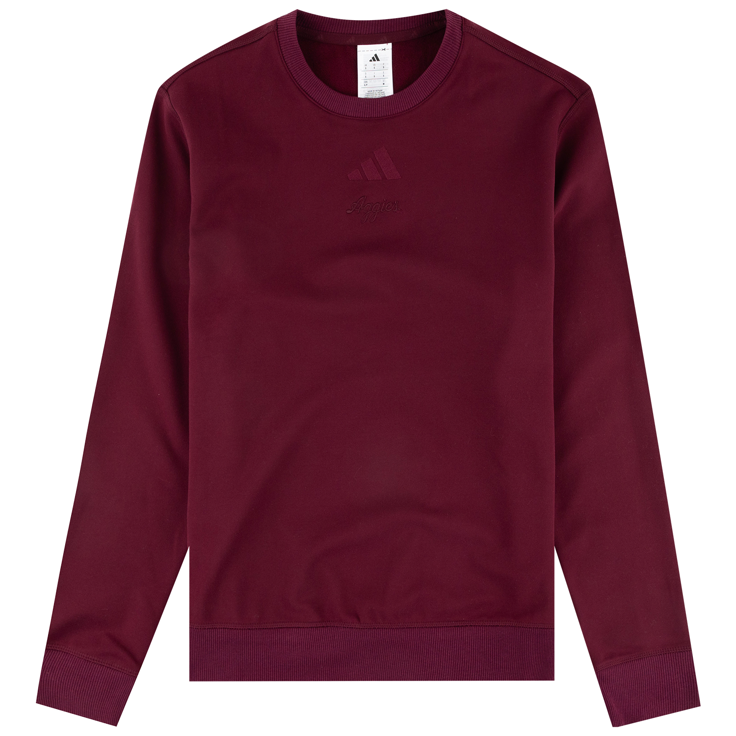 Maroon Adidas crewneck sweatshirt featuring a tonal Adidas logo and “Aggies” script graphic on the chest, with ribbed collar, cuffs, and hem.