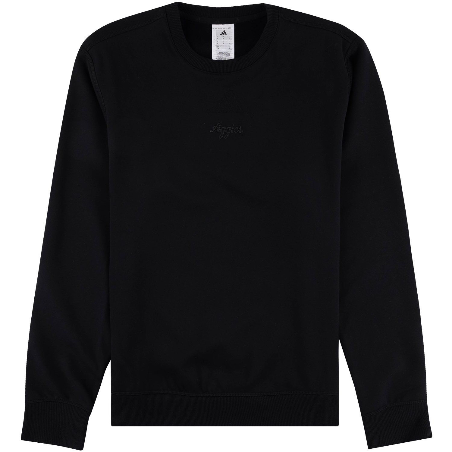 Black Adidas Ultimate Cozy crewneck sweatshirt featuring subtle black-on-black “Aggies” script embroidery on the chest, a tonal Adidas logo, a ribbed crew neckline, long sleeves, ribbed cuffs, and a ribbed hem.
