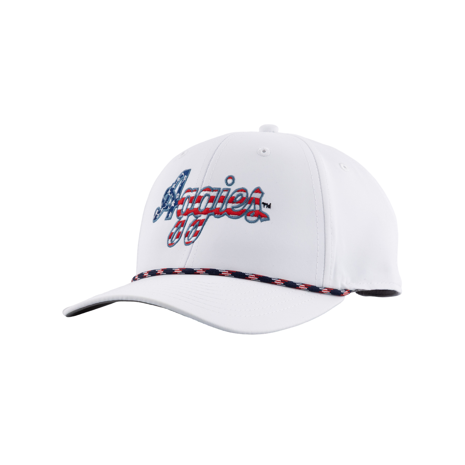 White Texas A&M cap featuring embroidered “Aggies” lettering in blue and red with a decorative red, white, and blue braided trim along the bill.