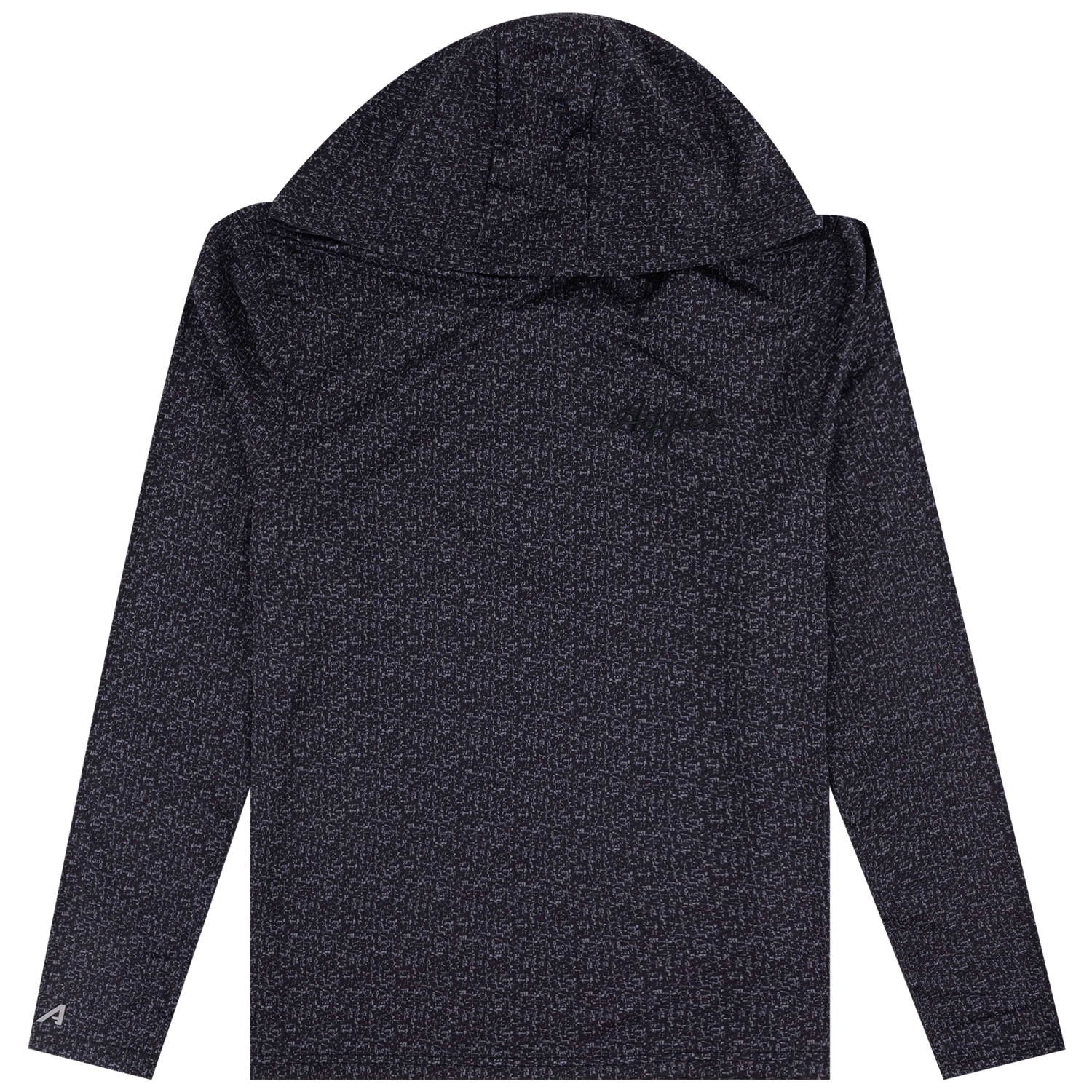 A long-sleeve hooded athletic top in a dark navy and black micro-heathered pattern, shown flat against a solid white background.