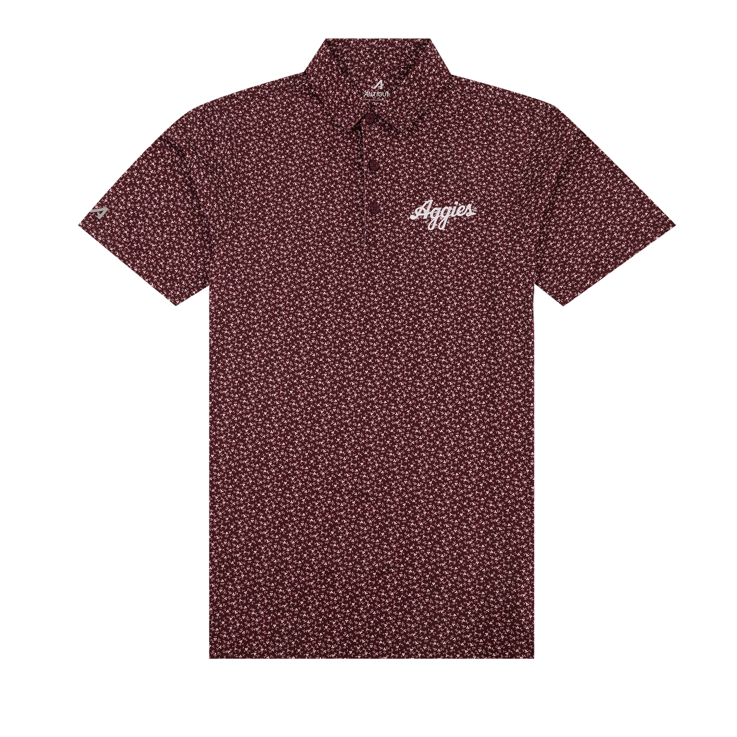 Maroon and white polo with white script Aggies logo on chest