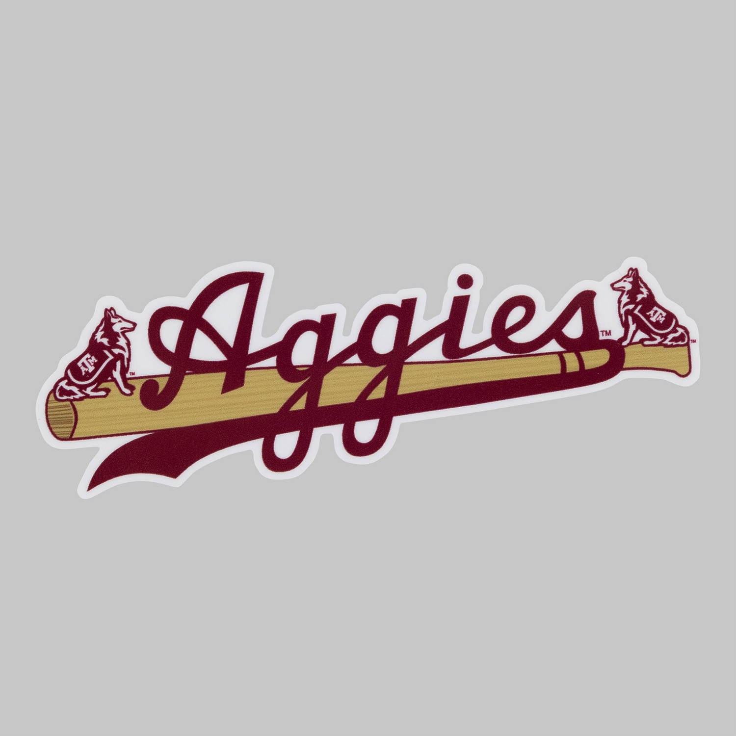 Script Aggies in Maroon on a Baseball Bat with Revs on both sides
