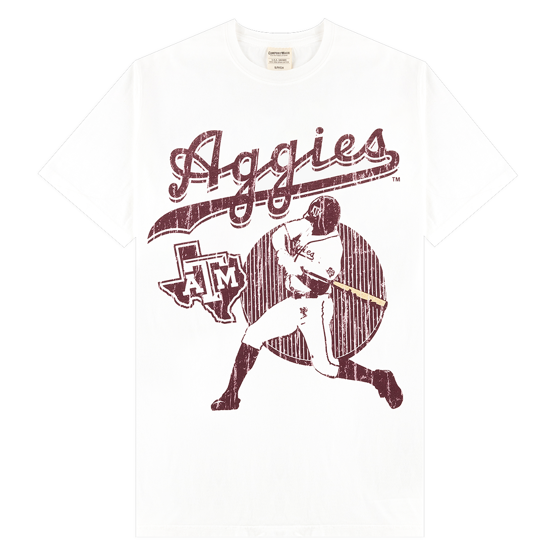 White Tee with Maroon Aggies Baseball Player Design