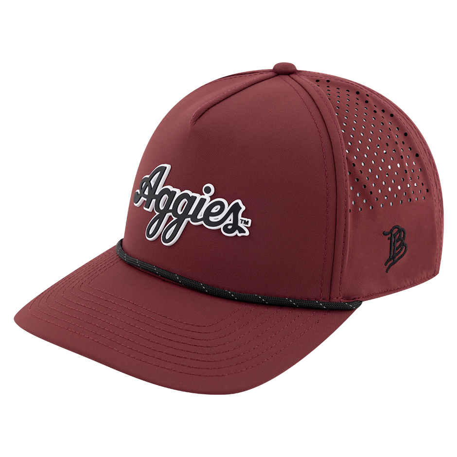 Maroon Texas A&M trucker hat featuring a black “Aggies” script logo on the front, perforated side panels, black trim, and a black embroidered logo on the side.