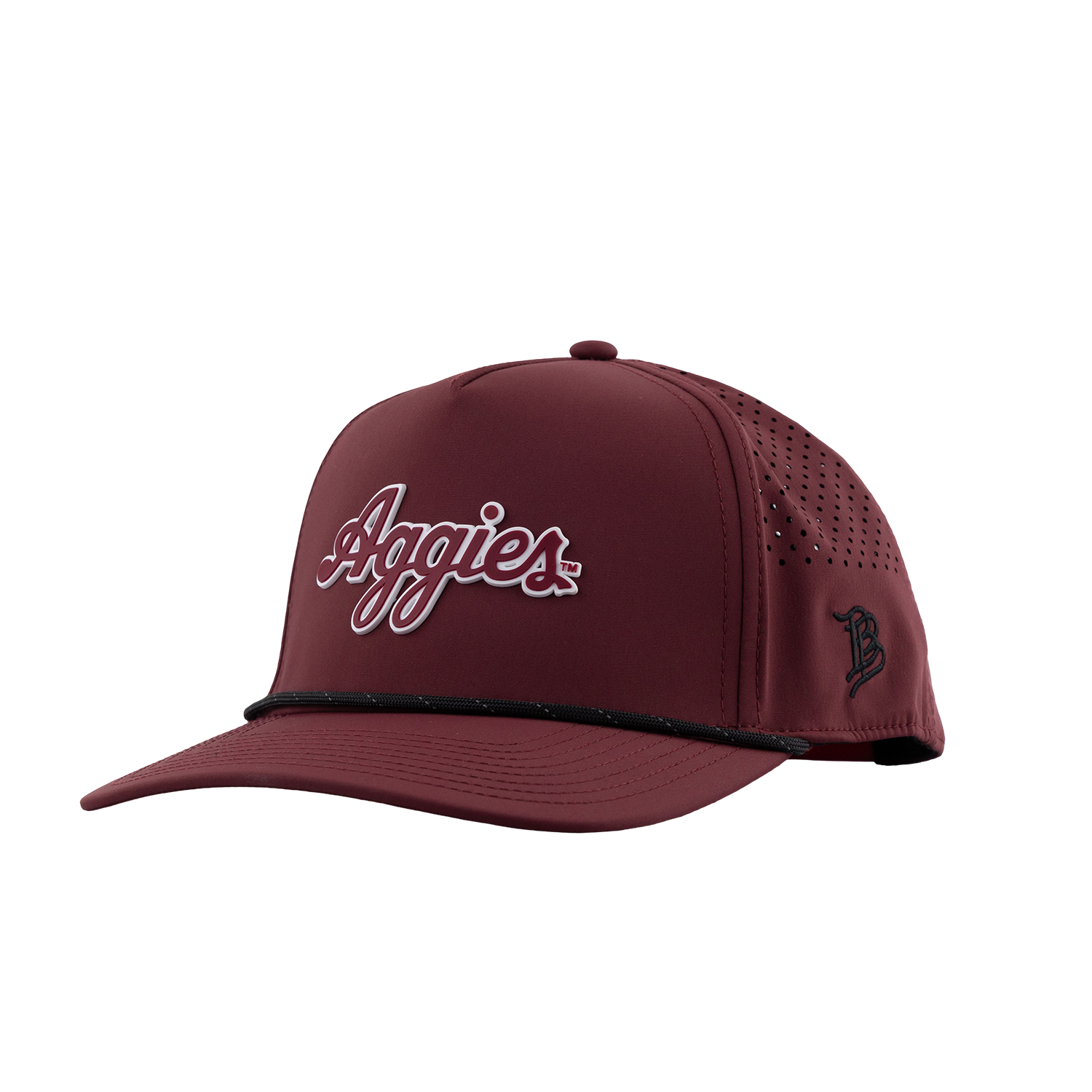 A maroon baseball cap with 'Aggies' embroidered in white and red script on the front, featuring a curved brim, perforated side panels, and a black embroidered 'B' logo on the side.