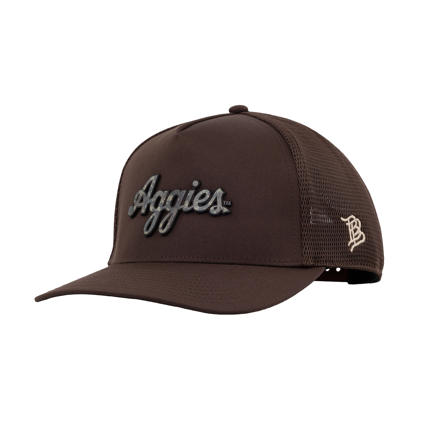 A dark brown trucker-style baseball cap with a curved brim, featuring a script 'Aggies' camo patch on the front and a small cream-colored 'B' logo on the side mesh back, shown against a plain white background.