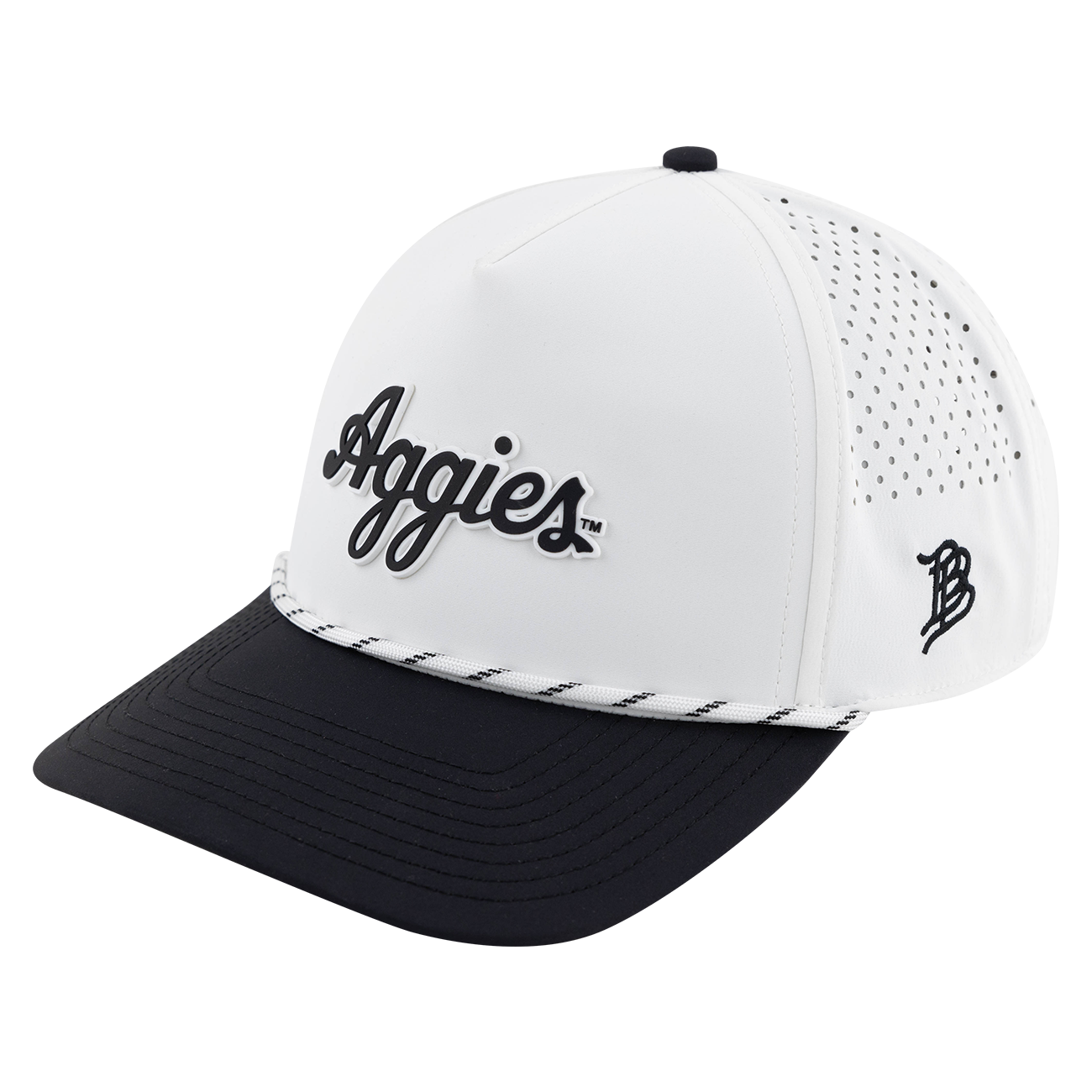 White Rope Hat with Black Bill and Black Script Aggies print on the front