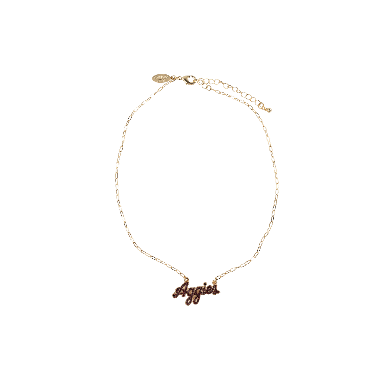 Gold Necklace with Maroon Script Aggies decal