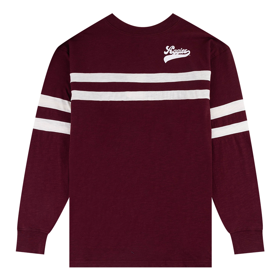 Maroon Long Sleeve with Script Aggies and two white stripes and 12 on the back