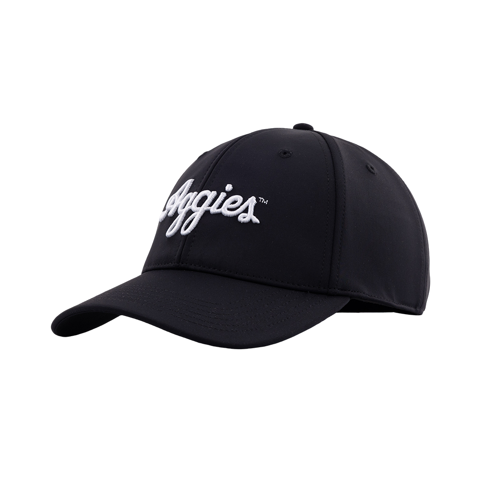Black baseball cap with white embroidered "Aggies" design on front. 