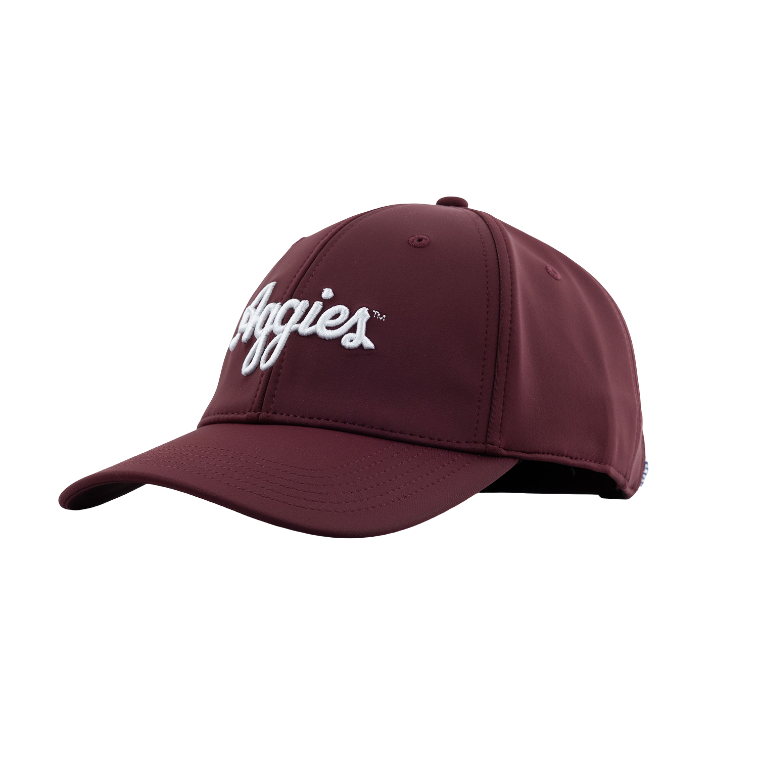 Maroon baseball cap with white script 'Aggies' embroidery on the front against a plain white background. 
