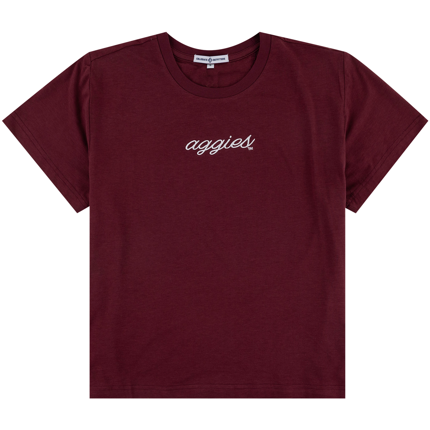 Maroon boxy t-shirt with white script 'aggies' on the chest. 
