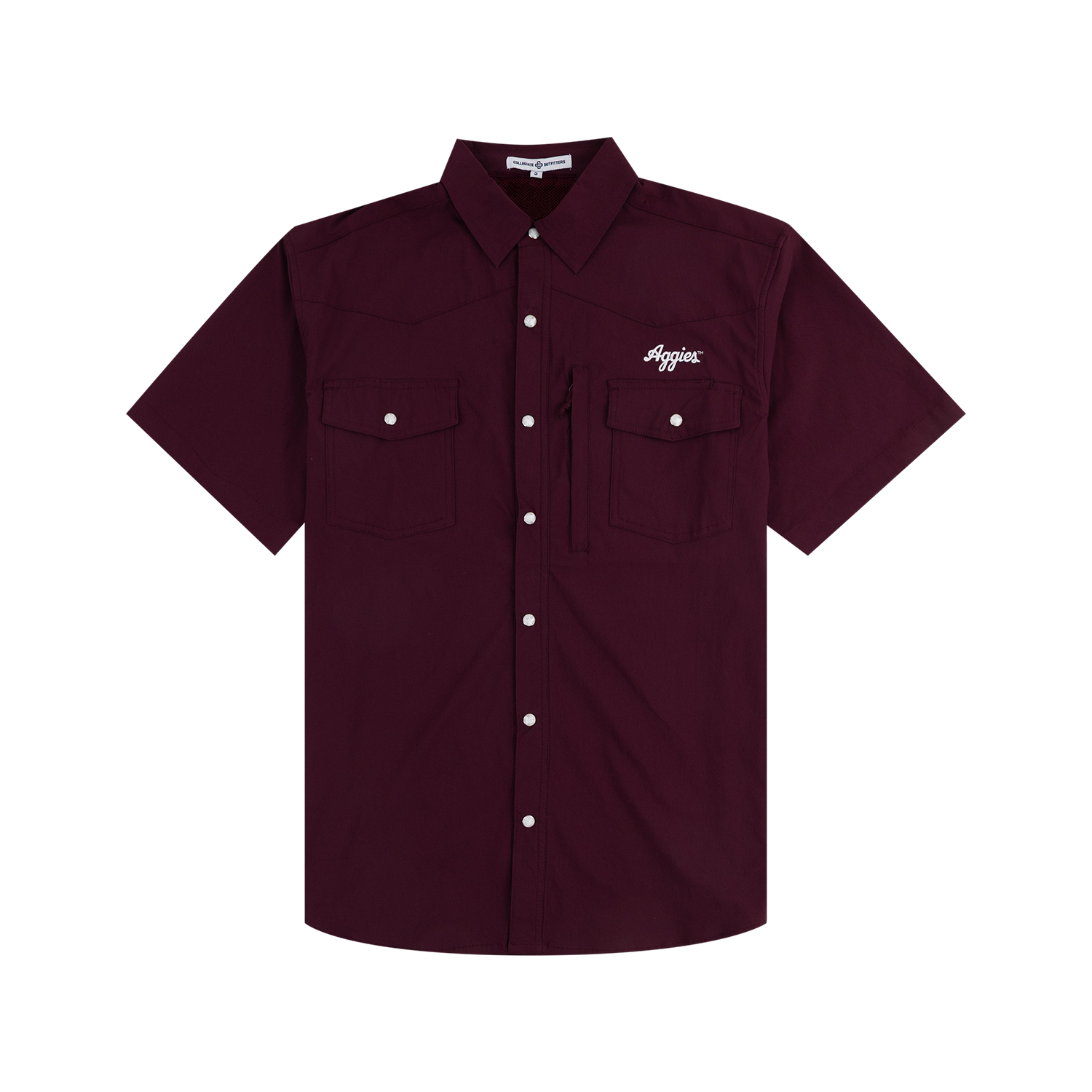 Maroon button down shirt with a pocket