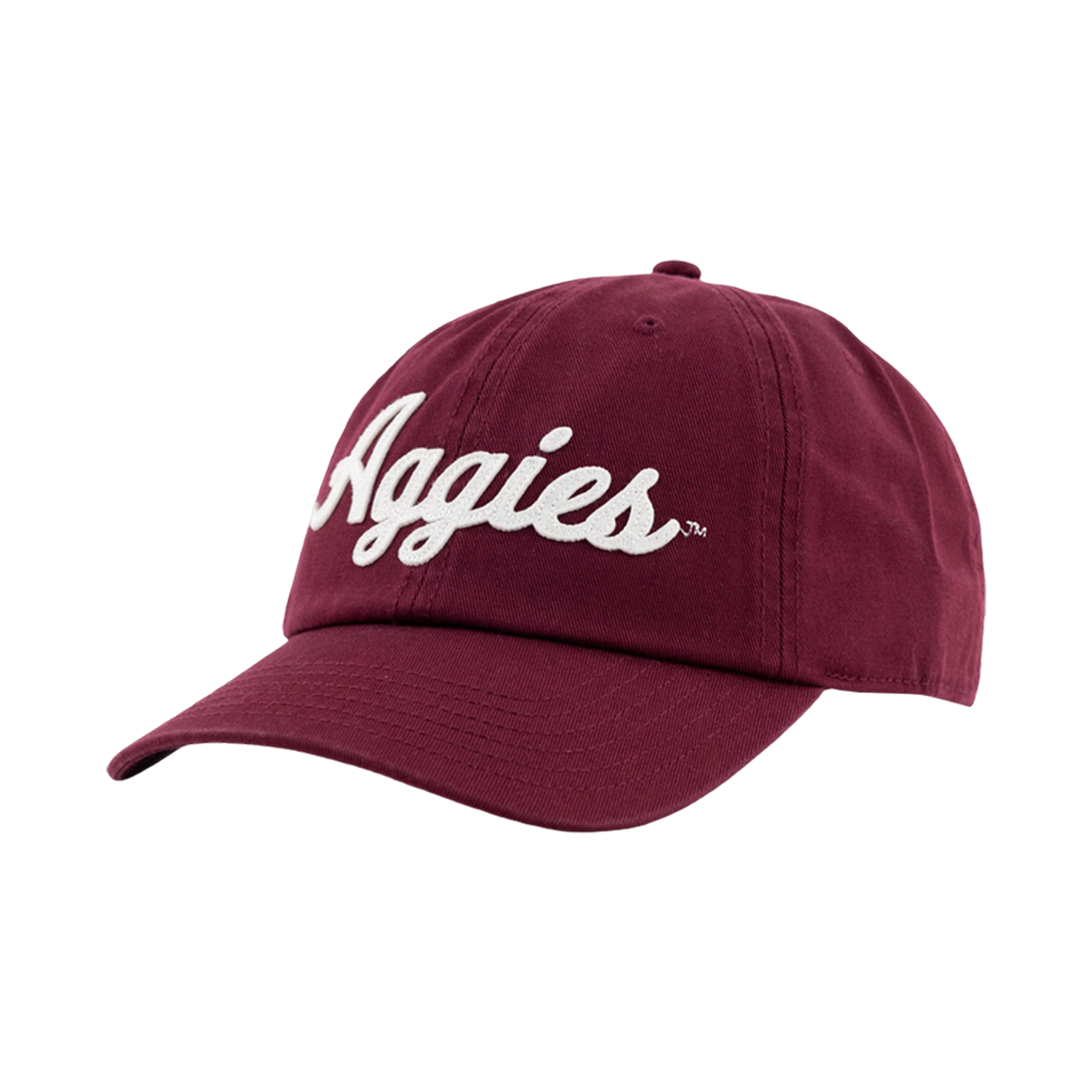 Maroon Texas A&M baseball cap with white embroidered “Aggies” script logo on the front.
