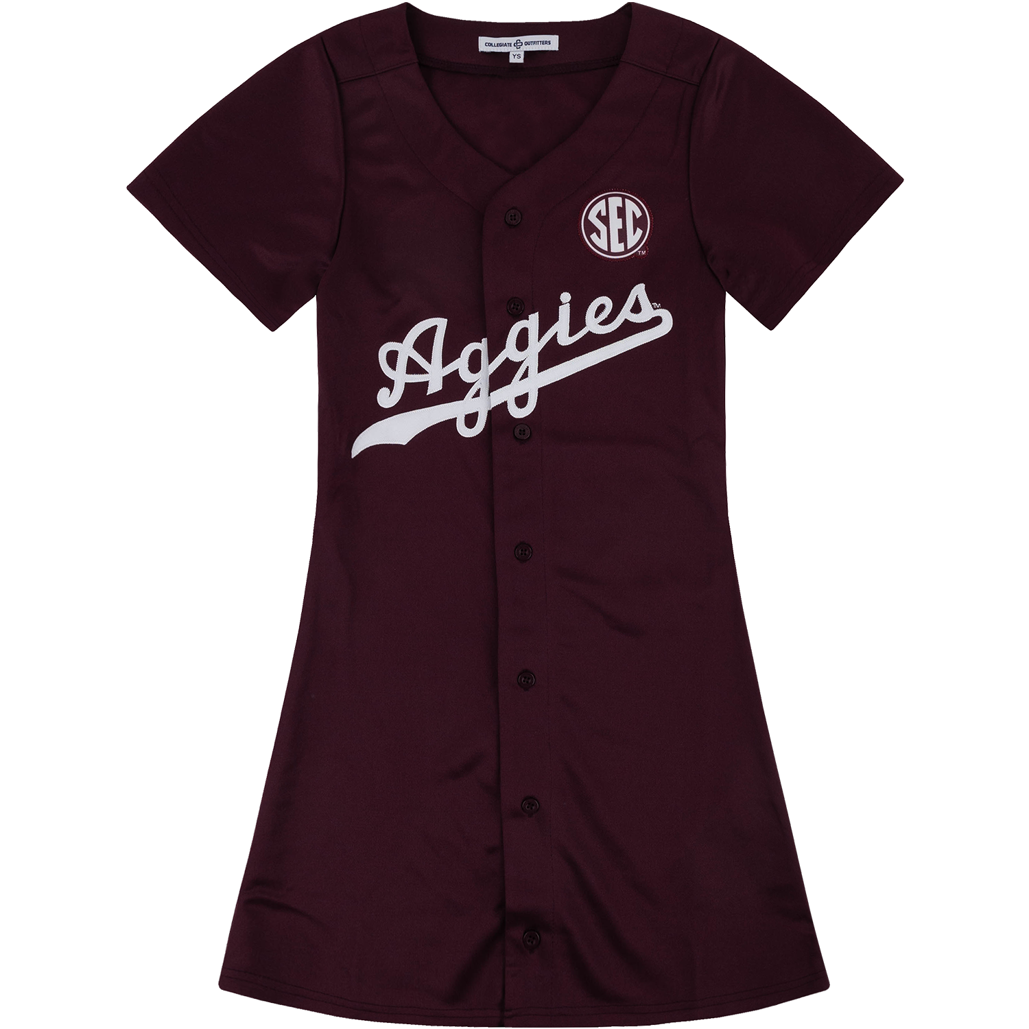 Maroon Texas A&M short-sleeve baseball jersey dress featuring white “Aggies” script and an SEC logo patch.