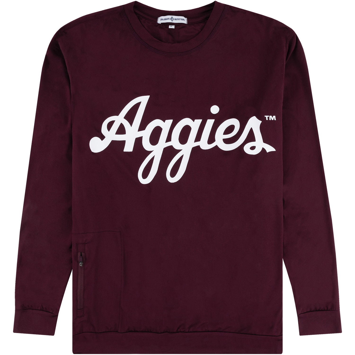 Maroon Texas A&M long-sleeve pullover featuring a large white script “Aggies” graphic across the chest and a zippered pocket on the lower left side.
