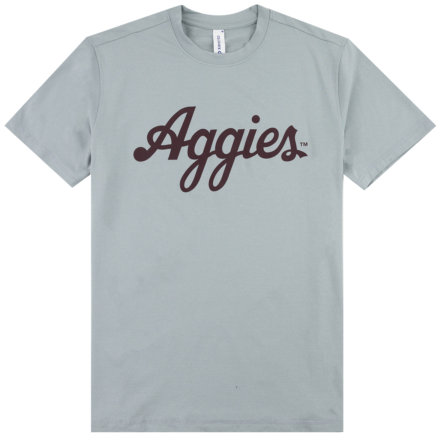 Collegiate Outfitters Texas A&M Aggies T-shirt in light blue-gray featuring a maroon script “Aggies” graphic across the front and a classic crew neckline.