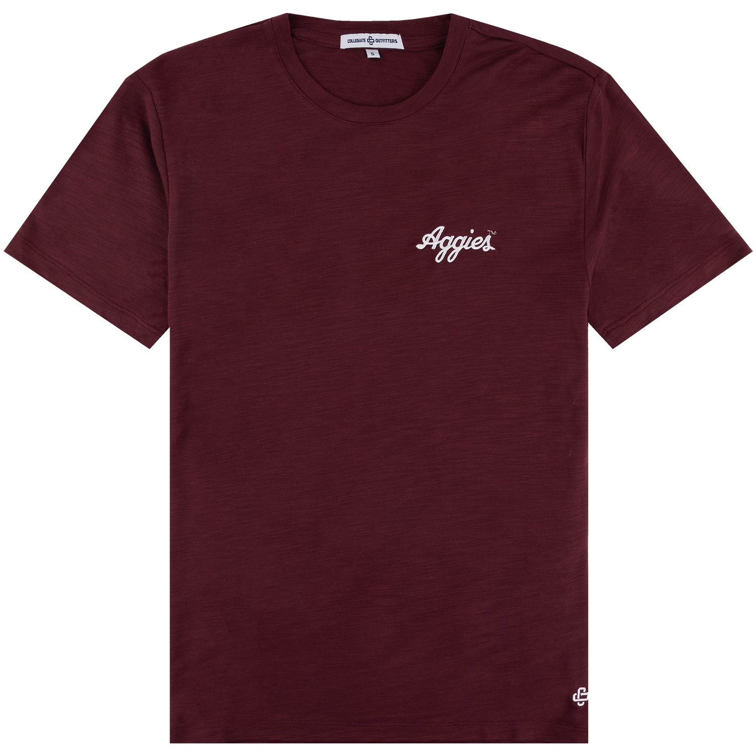Maroon heathered Texas A&M T-shirt featuring a small white “Aggies” script logo on the chest and a white Collegiate Outfitters logo near the bottom hem.