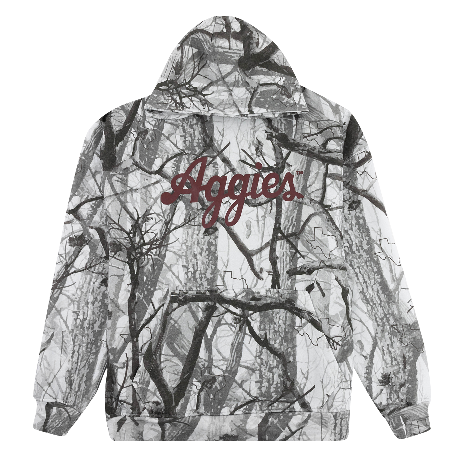 A snow camo pullover hoodie featuring a front pouch pocket and maroon "Aggies" script lettering across the chest and subtle state of Texas pattern.   
