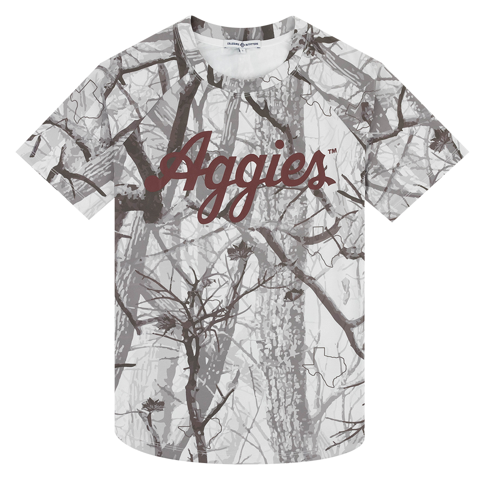 Gray woodlands camo t-shirt with maroon script Aggies across chest